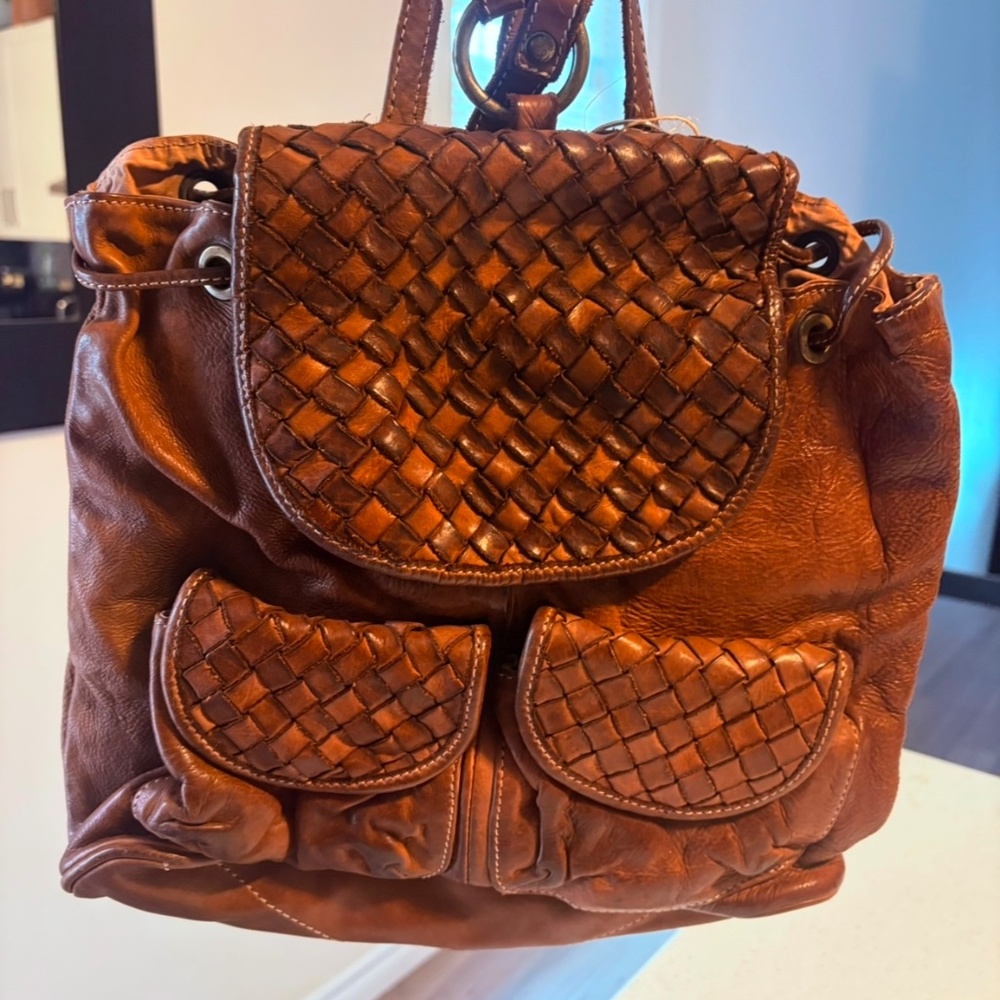 Costanza Rota Backpack Bag Brown Woven Distressed Leather Handbag Italy